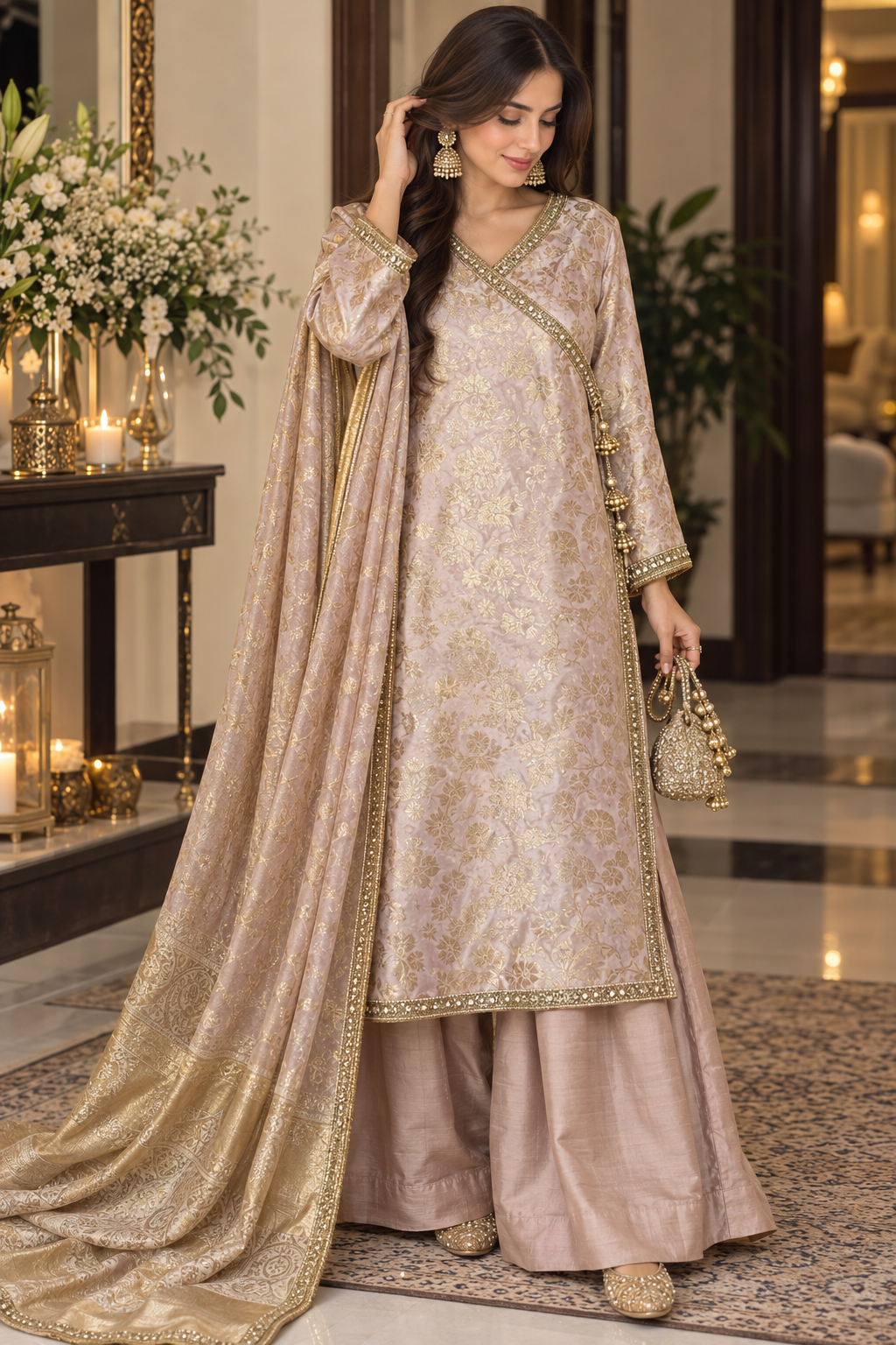 Baby pink banarsi semi formal suit