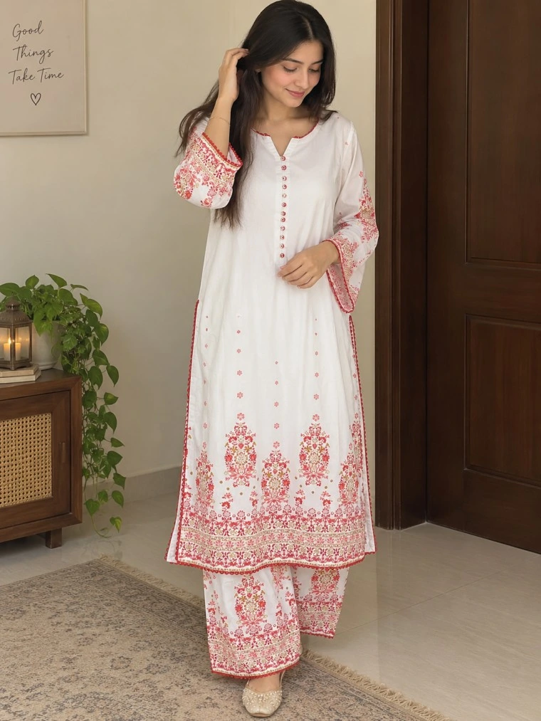White casual outfit with fancy buttons