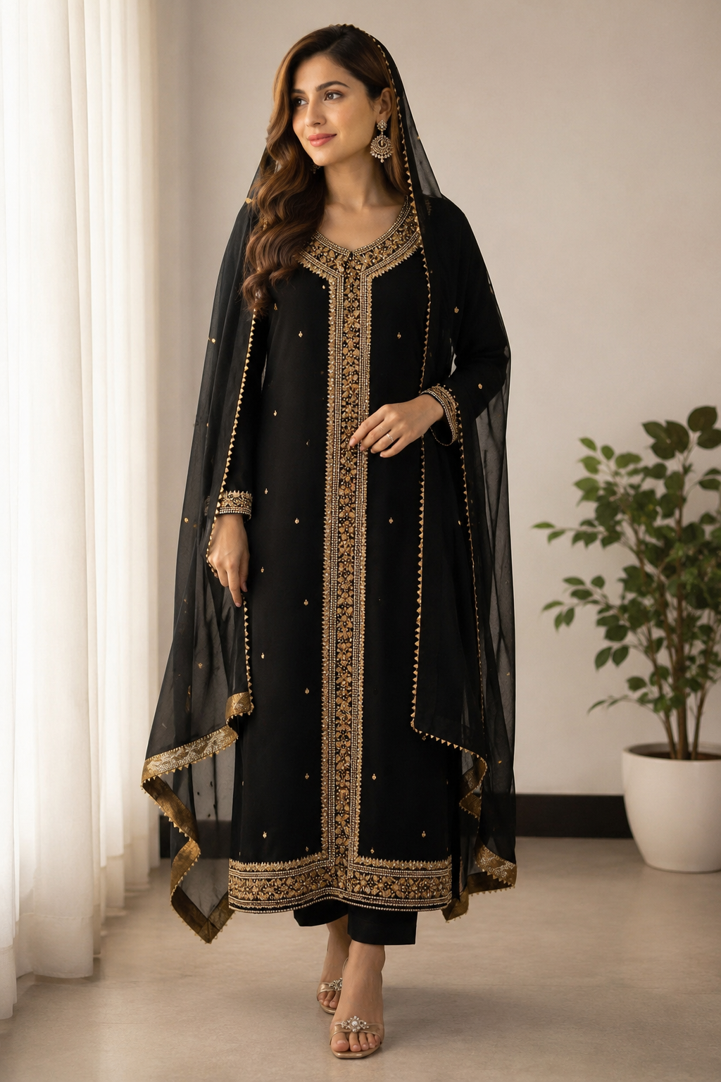Black crinkle chiffon formal with gota