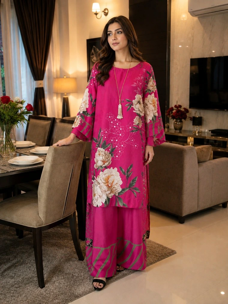 Pink silk casual outfit
